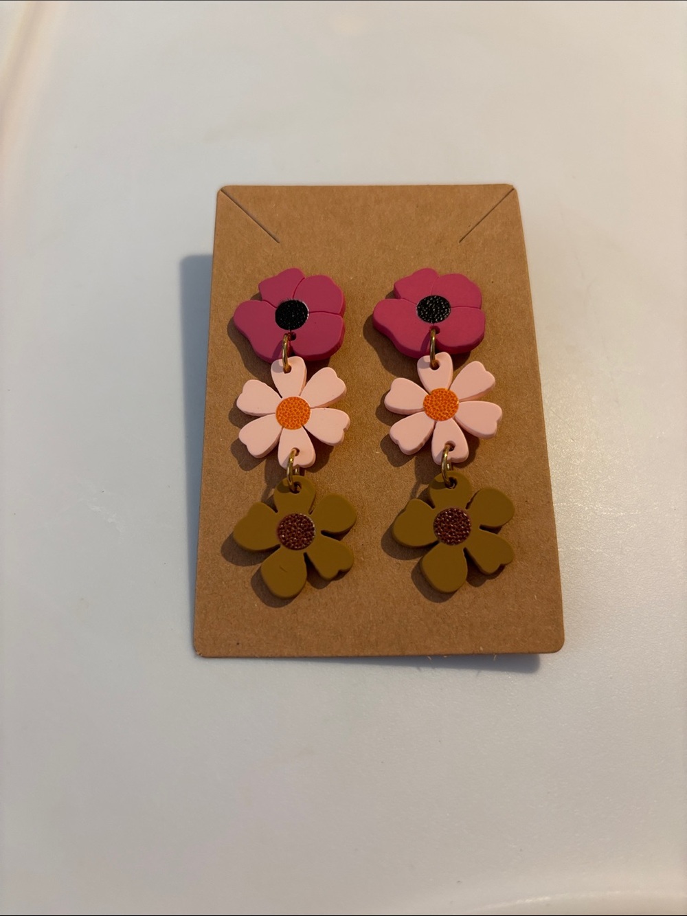 Fashion Jewelry Pink, Light Pink & Olive Layered Flower Drop Earrings - Picture 2 of 4